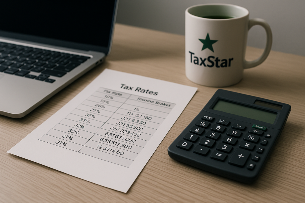 Kalkulator i laptop podczas analizy ryczałtu i podatku liniowego w biurze rachunkowym