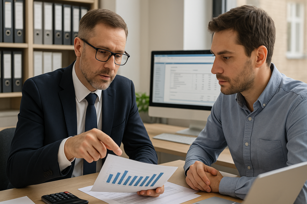 Doradca podatkowy z klientem analizujący dane finansowe w biurze rachunkowym